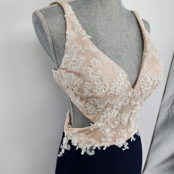 Nina Canacci Formal Evening Dress 10 Embellished Beaded Cut Out Navy‎ Blue Cream - Picture 8 of 15